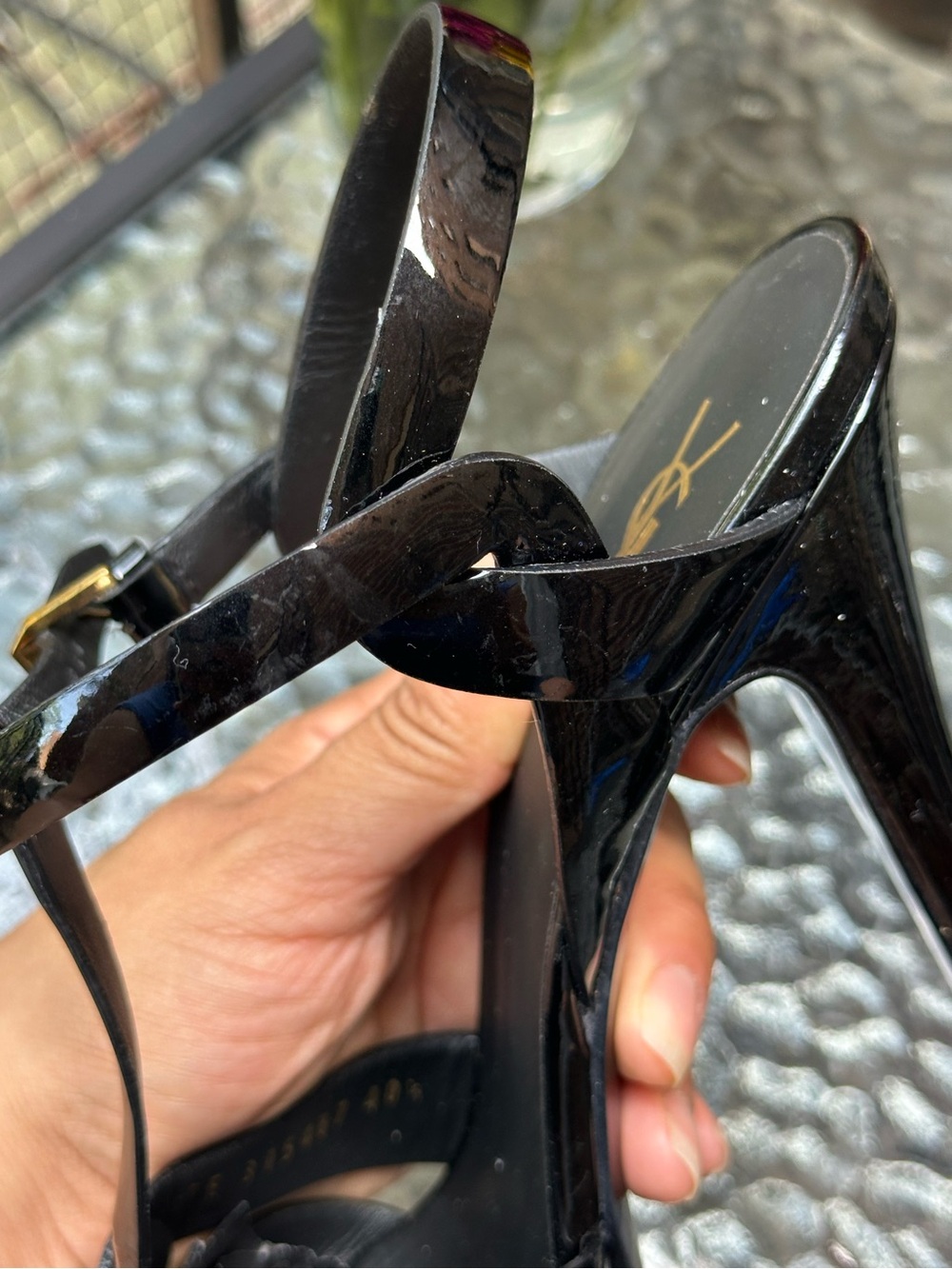 Yves Saint Laurent Black Patent Tribute T-Strap Platform Sandals - Picture 12 of 16